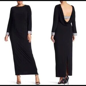 Marina Black Cowl Back Rhinestone Trimmed Lg Sleeve Maxi Gown Stretch Sz 20W